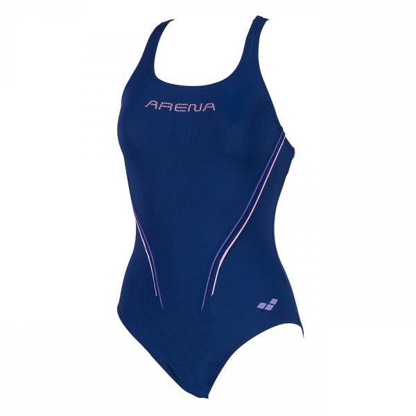 Arena Myfair swimsuit in indigo blue with dahlia and pink detailing (Front)