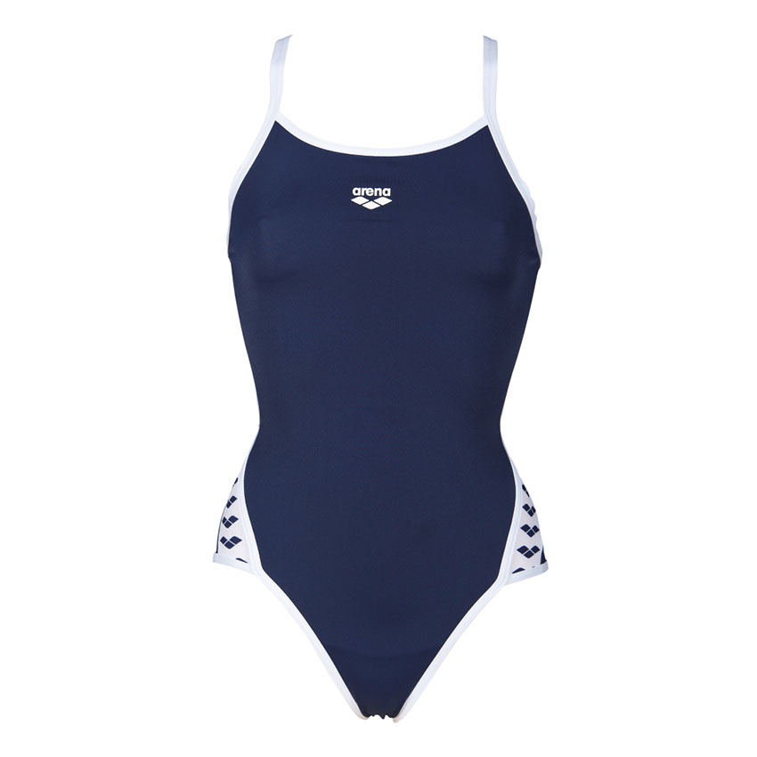 Navy blue Arena Team Stripe swimsuit has a retro design