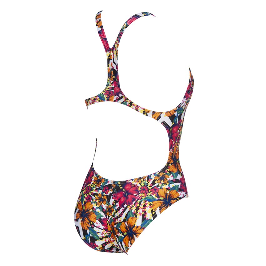 Arena Yuka swimsuit features red and yellow hibiscus flowers